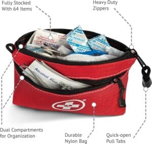 First aid kit with dual compartments, durable nylon bag, quick-open pull tabs, and heavy-duty zippers.