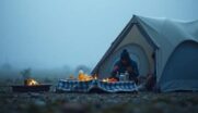 A person preparing food outside a camping tent in a wilderness setting.