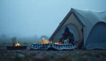 A person preparing food outside a camping tent in a wilderness setting.