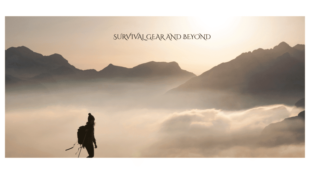 Survival gear and outdoor equipment in mountain landscape with hiker.