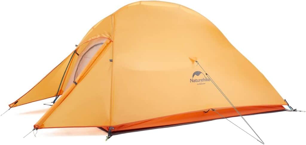 Lightweight orange camping tent for outdoor survival gear and backpacking adventures.
