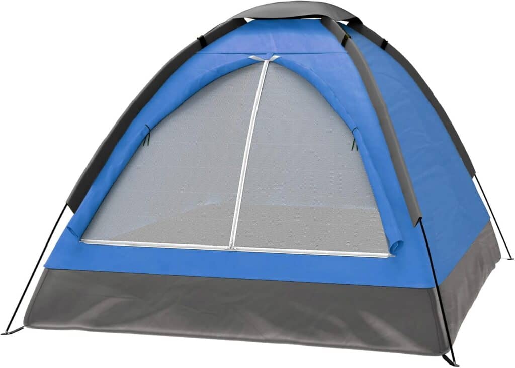Bright blue portable camping tent with mesh door for outdoor survival gear.