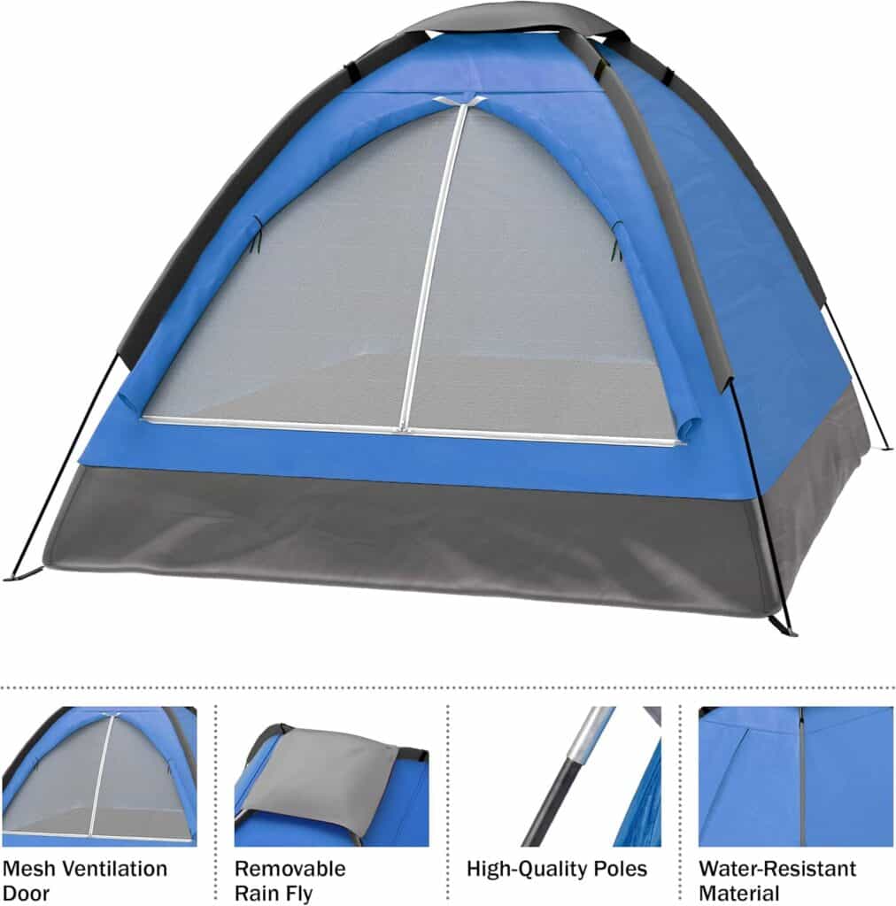 Blue camping tent with mesh ventilation door and removable rain fly for outdoor survival.