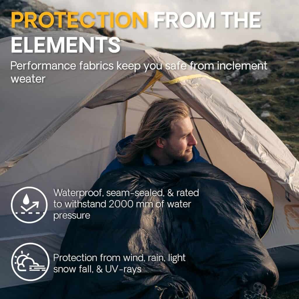 Waterproof, seam-sealed tent for reliable protection against rain and snow in outdoor conditions.