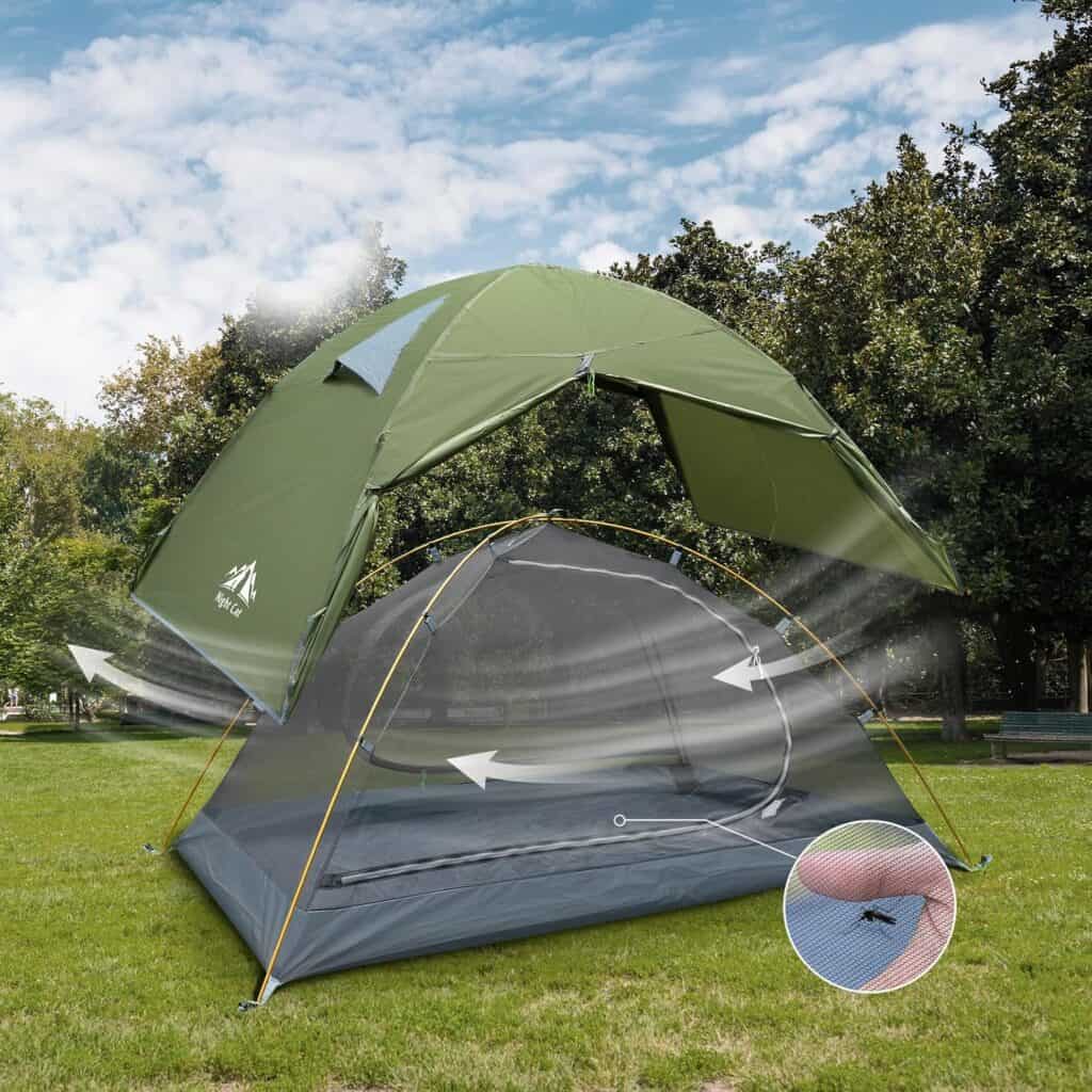 Waterproof lightweight camping tent with an adjustable rainfly and mesh screen for ventilation. Ideal for outdoor survival and camping adventures.