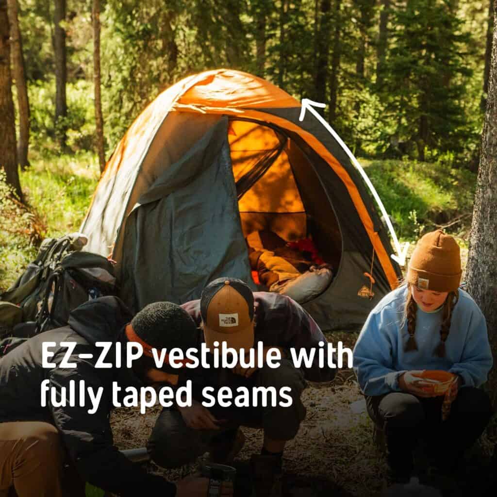 EZ-ZIP vestibule with fully taped seams for waterproof outdoor camping shelter.