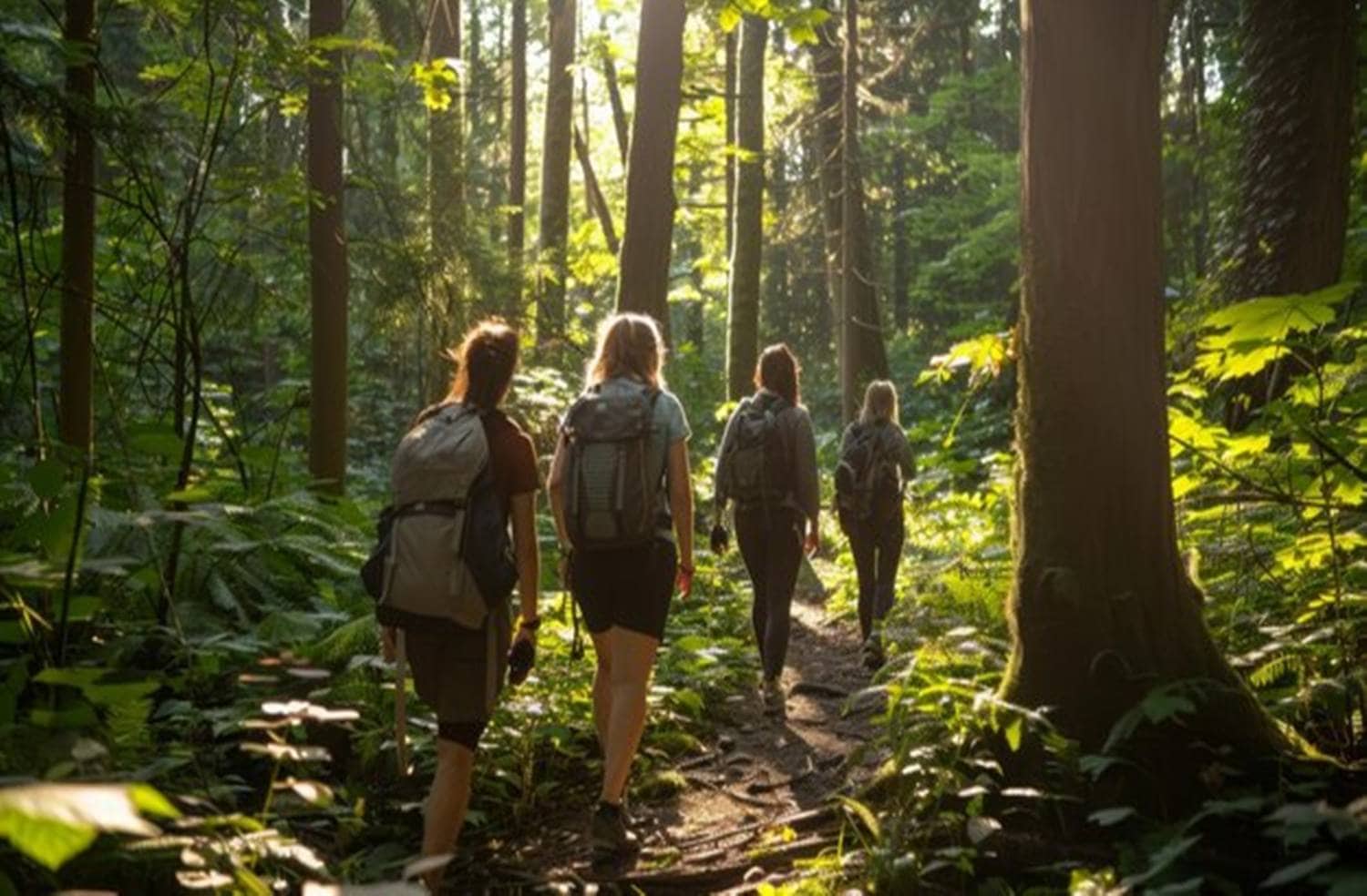 Hiking group exploring a lush green forest during daylight.