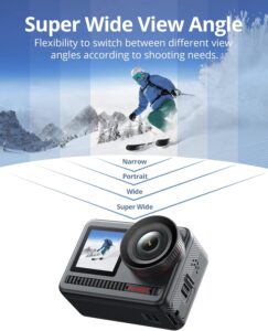 High-angle action shot of a skier in winter gear on snowy mountains, demonstrating camera wide view modes.