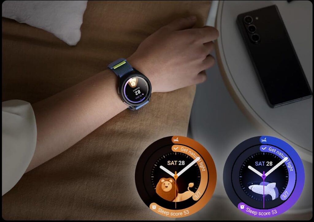 Smartwatch for sleep coaching and health tracking, featuring sleep score and night mode functionality.