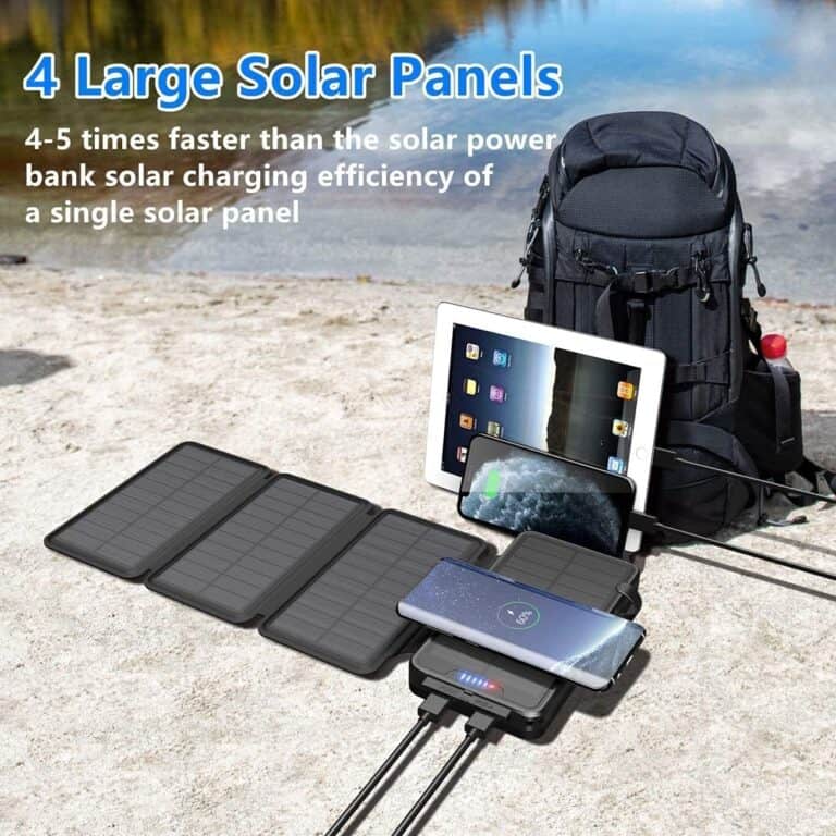 Solar panel portable charging setup for outdoor survival and camping.