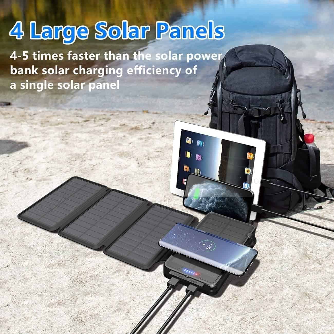 Solar panel portable charging setup for outdoor survival and camping.