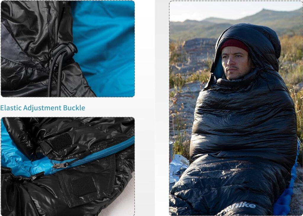 Warm sleeping bag for 3-4 seasons with head hood and adjustable features.