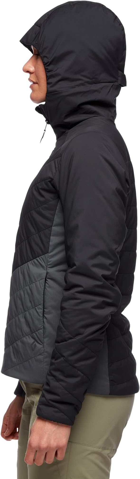 Waterproof insulated outdoor jacket with hood, black and gray, for hiking and camping.