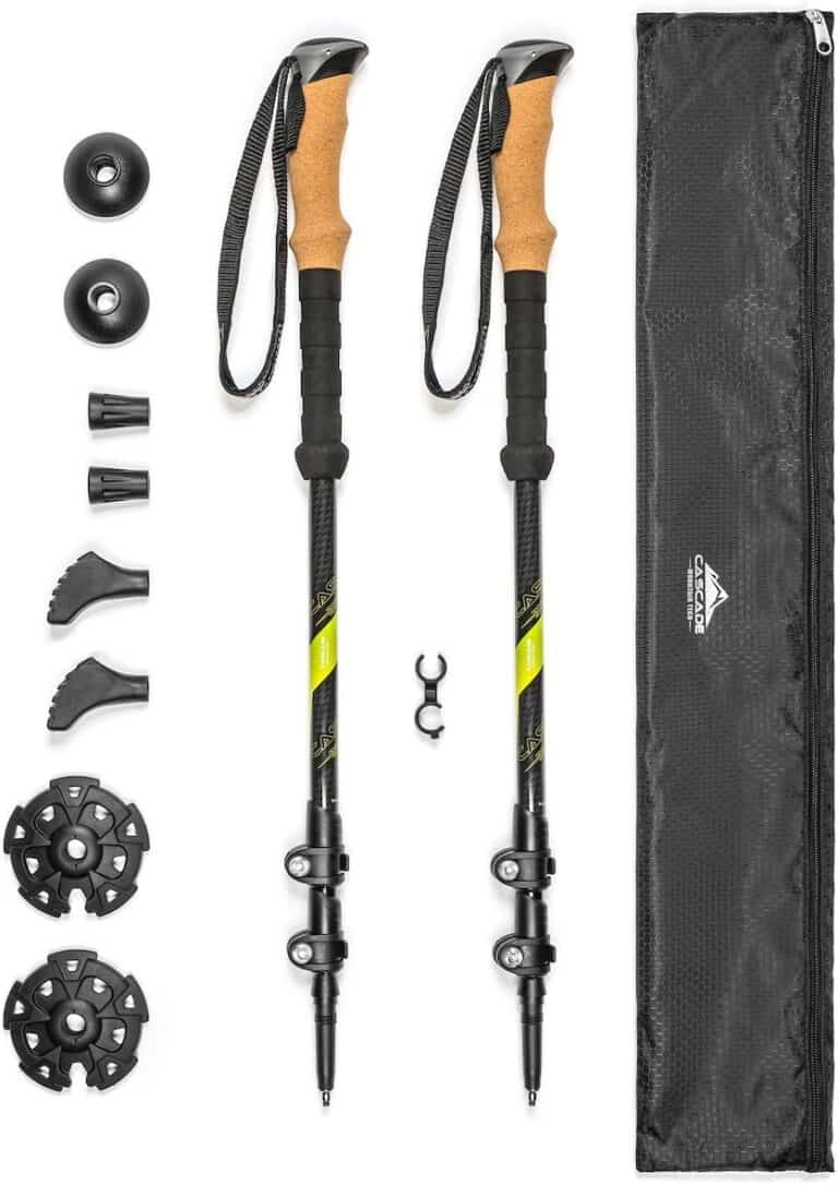 Adjustable trekking poles with wrist straps, rubber tips, and carrying case for outdoor hiking and camping gear.