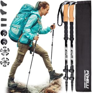 Climbing hiking poles with adjustable straps and ergonomic handles, outdoor backpacker in action, outdoor gear essential for trekking and survival, with a carrying case included.