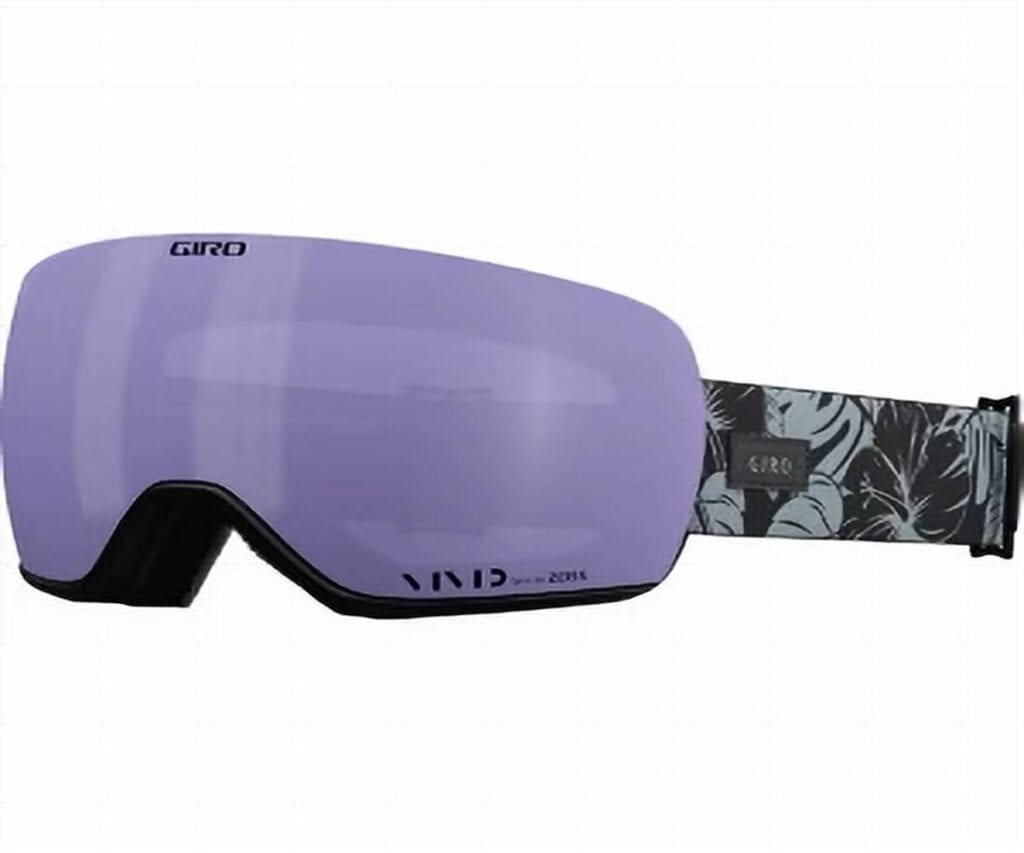 Purple ski or snowboard goggles with a black adjustable strap featuring a tropical leaf pattern, designed for outdoor winter sports and protective gear.