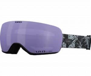 Purple ski or snowboard goggles with a black adjustable strap featuring a tropical leaf pattern, designed for outdoor winter sports and protective gear.