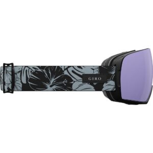 Vented ski goggles with a floral printed strap and purple-tinted mirrored lenses, perfect for winter sports and outdoor adventures.