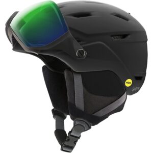 Compact black ski helmet with integrated MIPS protection and a reflective visor, ideal for winter sports safety and outdoor adventure gear.