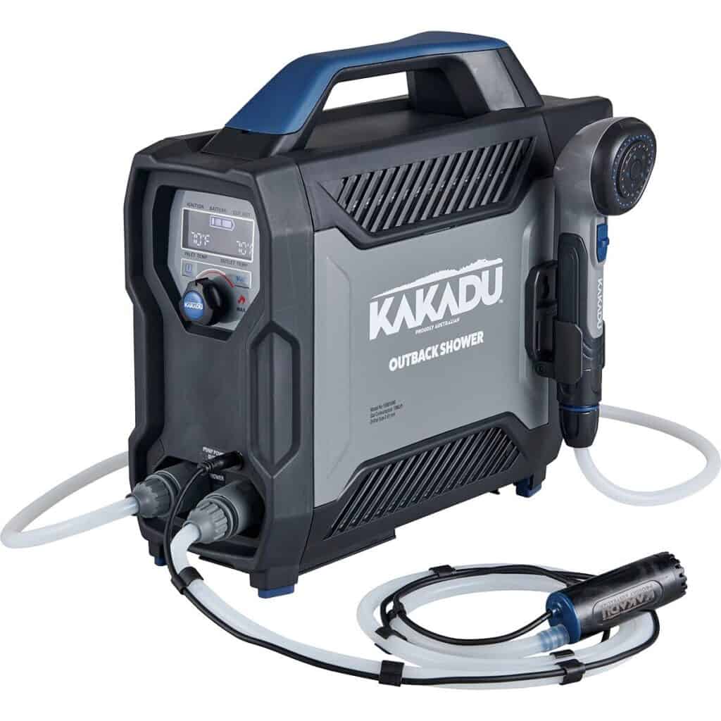 KAKADU Outback Shower portable emergency shower with water filter and spray head, ideal for outdoor survival, camping, or emergency preparedness kits. Compact and durable for survival gear collection.