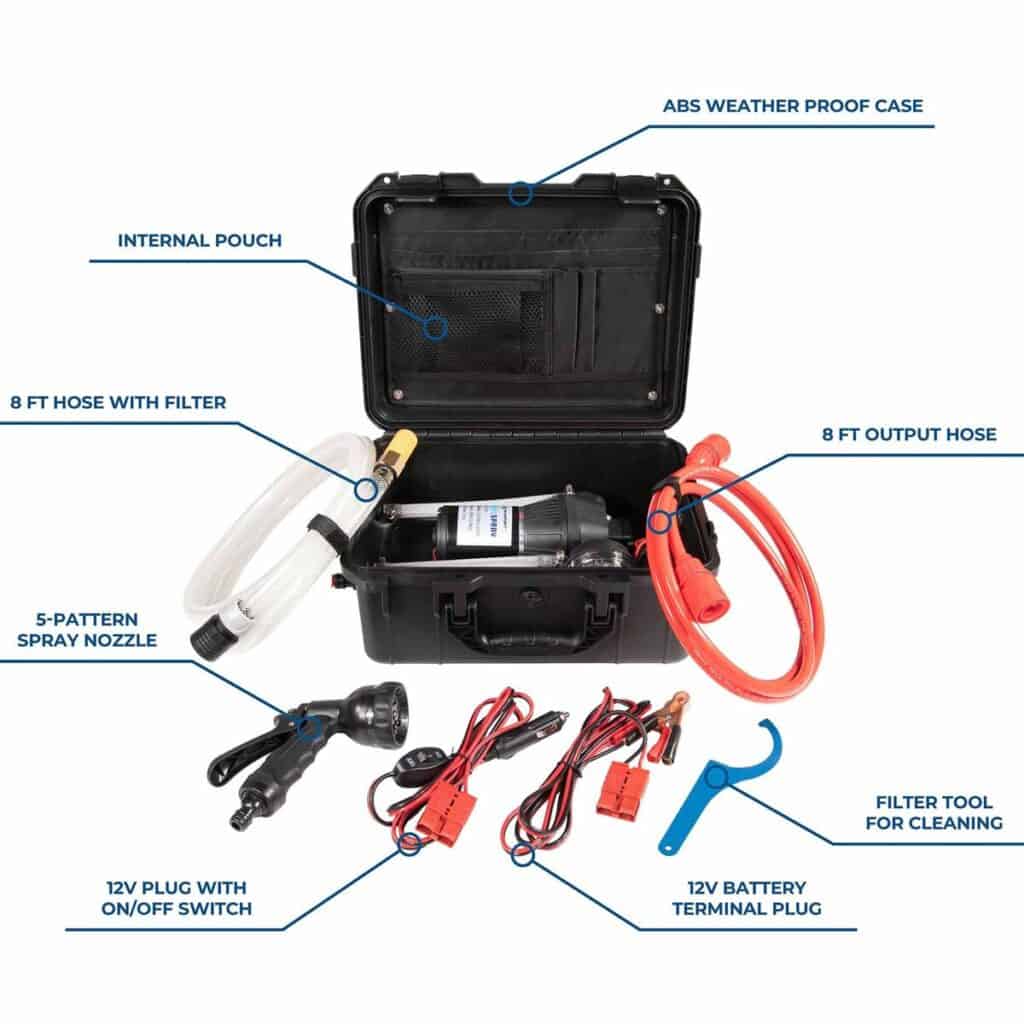 High-quality portable water pump kit with waterproof case, 8 ft hoses with filter, spray nozzle, battery terminal, and cleaning tool for outdoor survival, emergency preparedness, and camping.