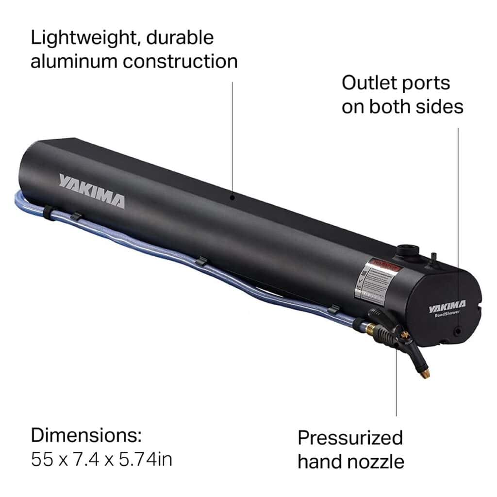 Heavy-duty lightweight aluminum roof shower with outlet ports on both sides and a pressurized hand nozzle, perfect for camping or outdoor survival gear. Dimensions: 55 x 7.4 x 5.74 inches.